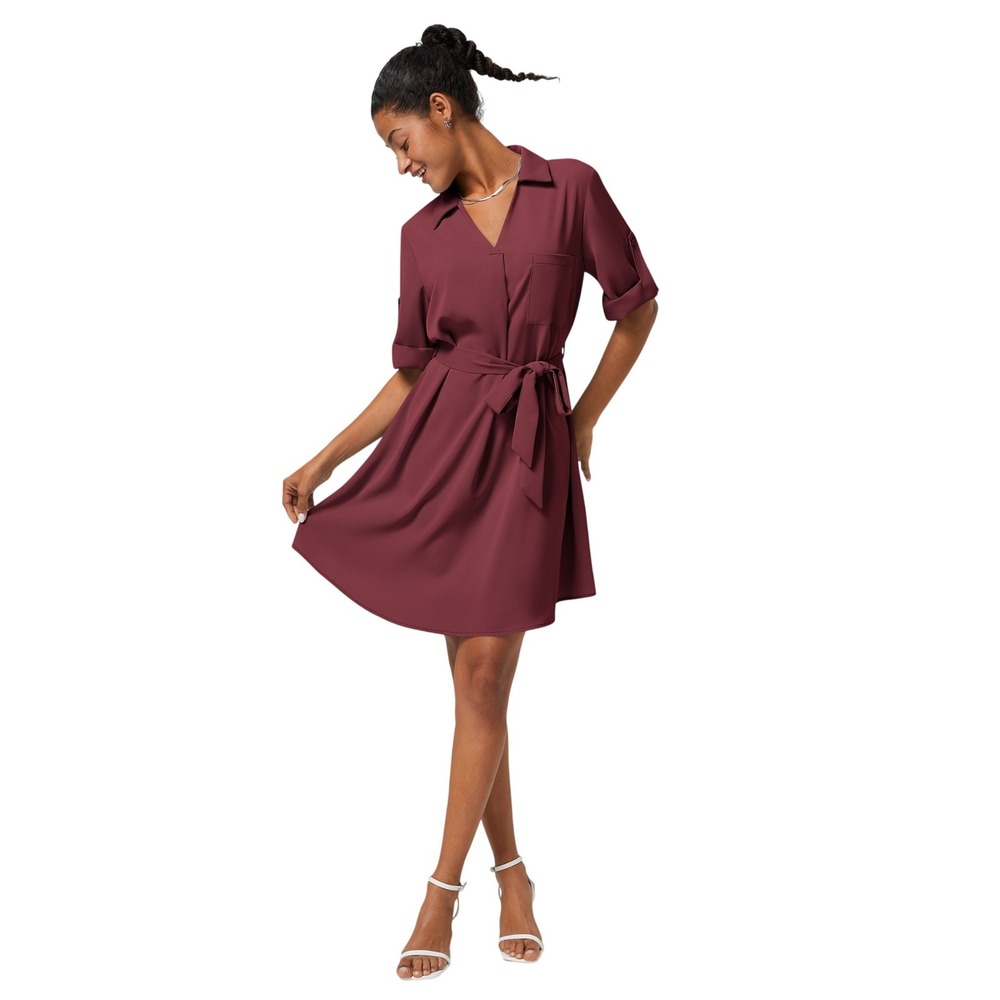 Halara Burgundy Relaxed Work Shirt Dress Roll Sleeve Minimalist Comfy Athleisure
